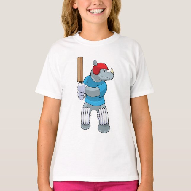 Rhino at Cricket with Cricket bat T-Shirt (Front)