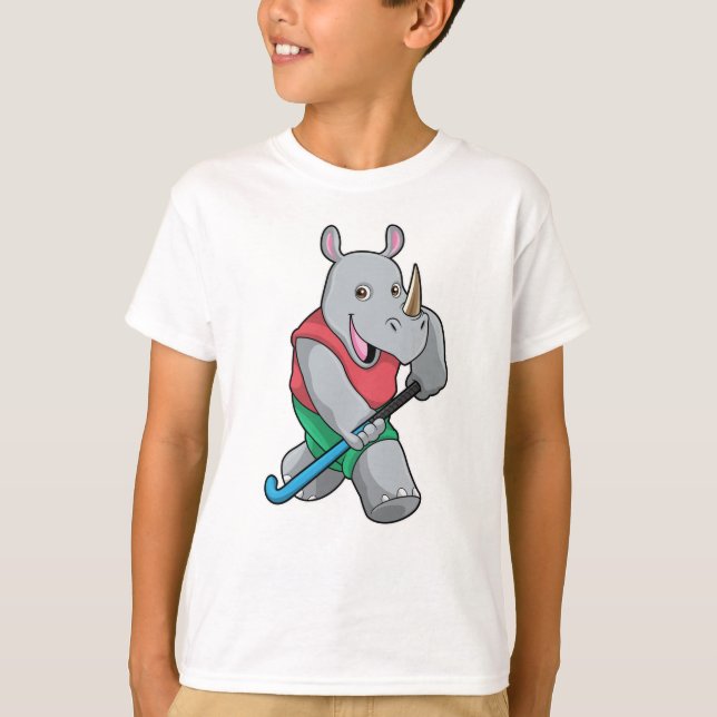 Rhino at Hockey with Hockey bat T-Shirt (Front)