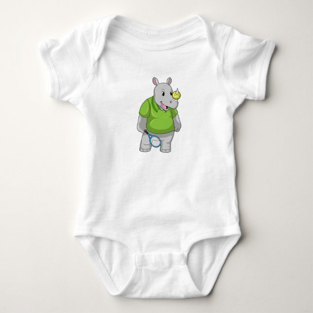 Rhino at Tennis with Tennis ball Baby Bodysuit (Front)
