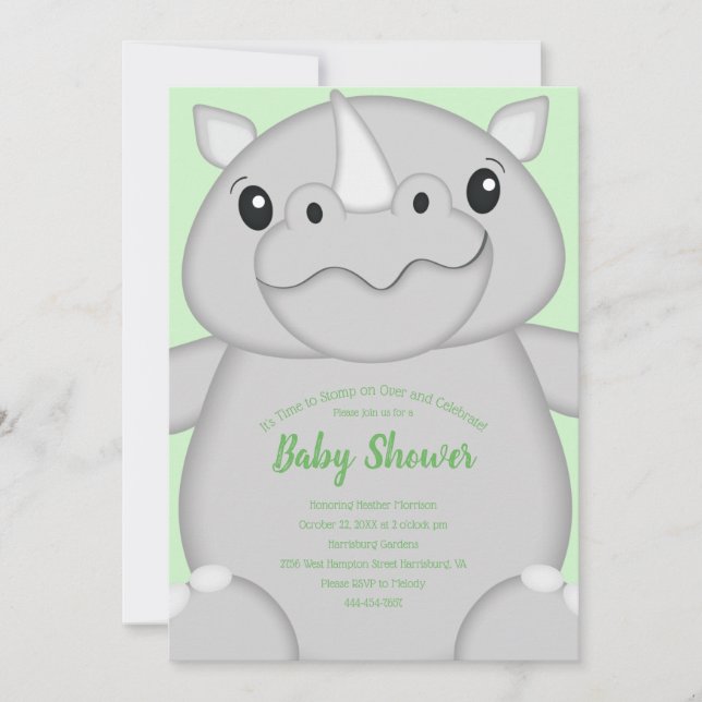 Rhino Baby Shower Green Invitation (Front)