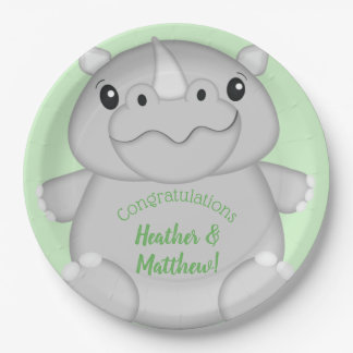Rhino Baby Shower Green Paper Plate