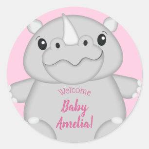 Rhino Baby Shower Pink Classic Round Sticker