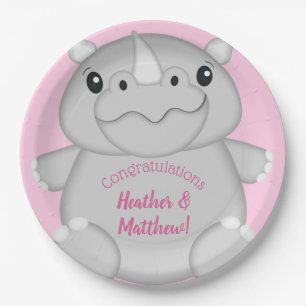 Rhino Baby Shower Pink Paper Plate