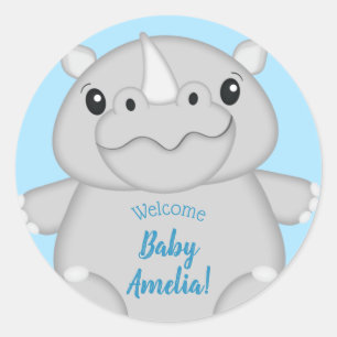 Rhino Baby Shower Safari Blue Classic Round Sticker
