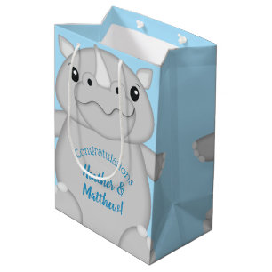 Rhino Baby Shower Safari Blue Medium Gift Bag