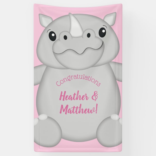 Rhino Baby Shower Safari Pink Girl Banner (Vertical)