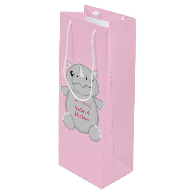 Rhino Baby Shower Safari Pink Girl Wine Gift Bag (Front Angled)