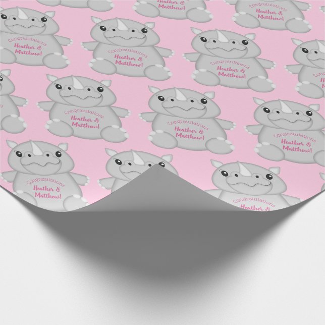 Rhino Baby Shower Safari Pink Girl Wrapping Paper (Corner)