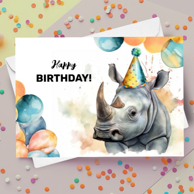 Rhino Balloons and Party Hat Rhinoceros Birthday Card (Creator Uploaded)