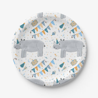 Rhino Birthday Party Paper Plates, 7" Plate