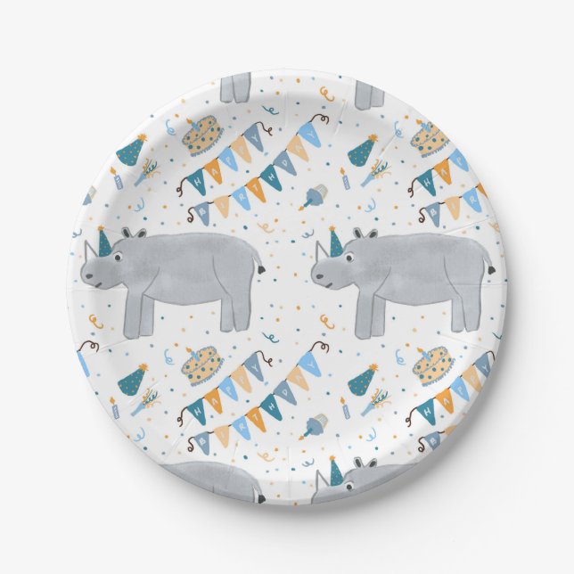 Rhino Birthday Party Paper Plates, 7" Plate (Front)