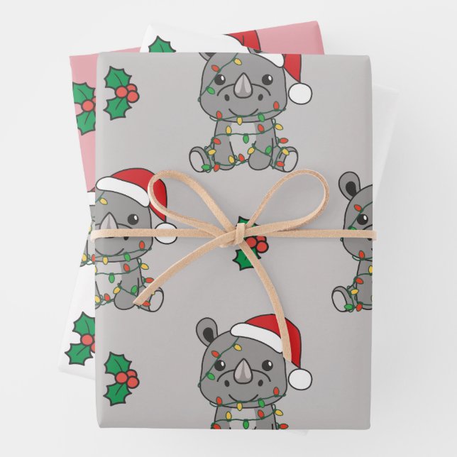 Rhino Christmas Winter Animals Holiday Rhinos Wrapping Paper Sheet (In situ)
