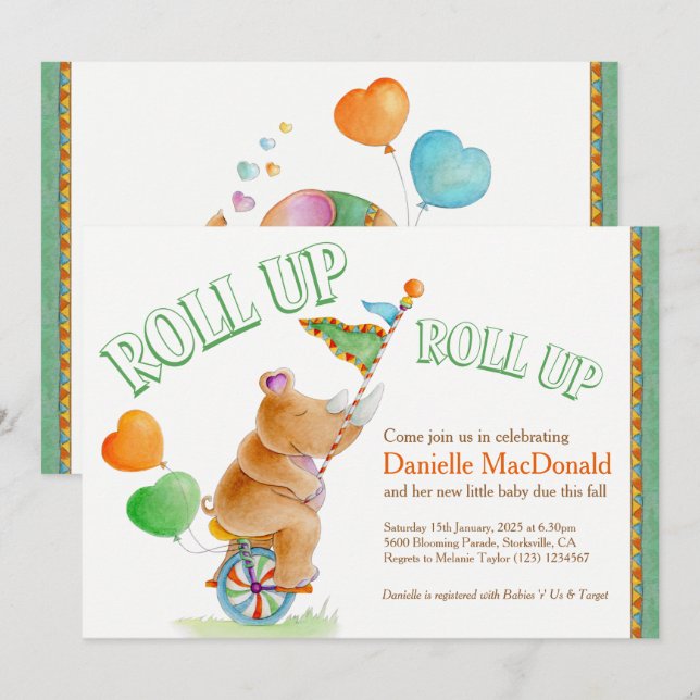 Rhino elephant watercolor green brown baby shower invitation (Front/Back)