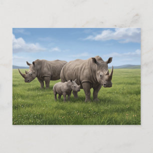 Rhino Family Walking In Green Savanna Photo Enlarg Postcard