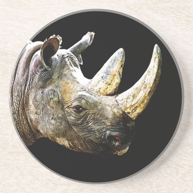 Rhino Head, Black Background Coaster (Front)