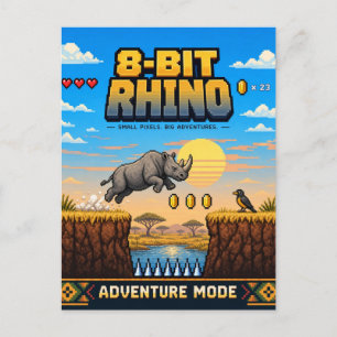 Rhino, Retro 8-Bit Pixel Art Postcard