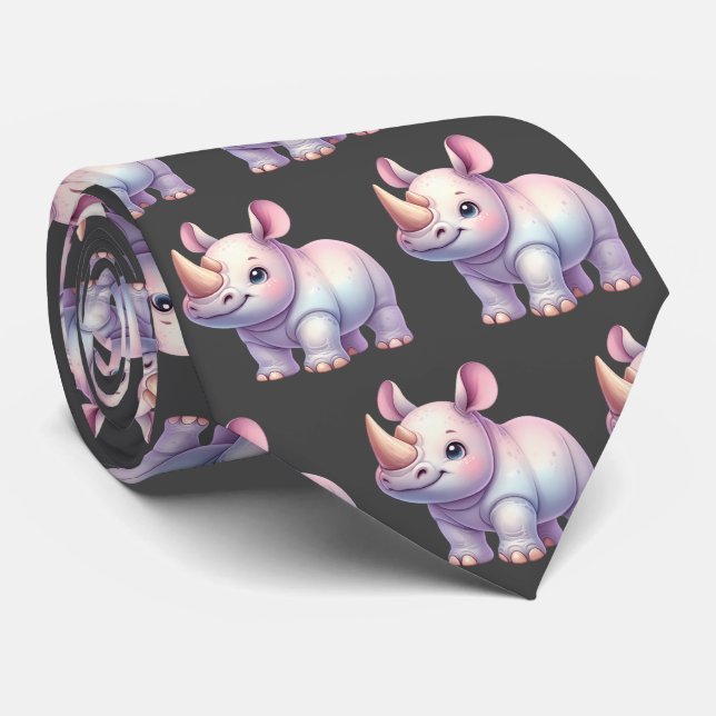 Rhino Rhinoceros Rhinos Kawaii Cute Neck Tie (Rolled)