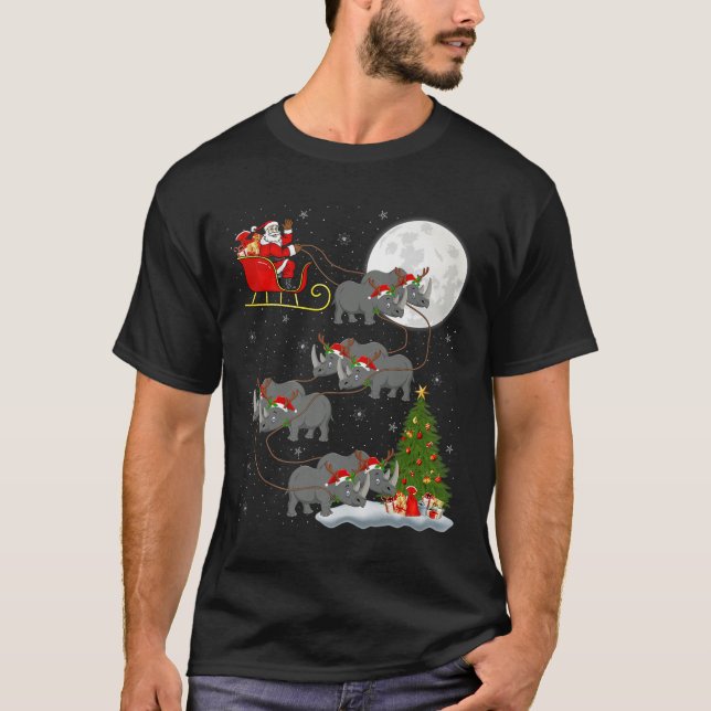Rhino Santa Sleigh Flying Funny Magical Christmas  T-Shirt (Front)