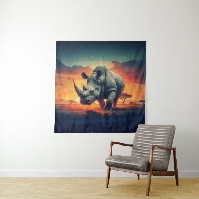 Rhino Sunset Safari Tapestry (In Situ)
