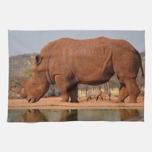 Rhino with mud on skin photo tea towel (Horizontal)