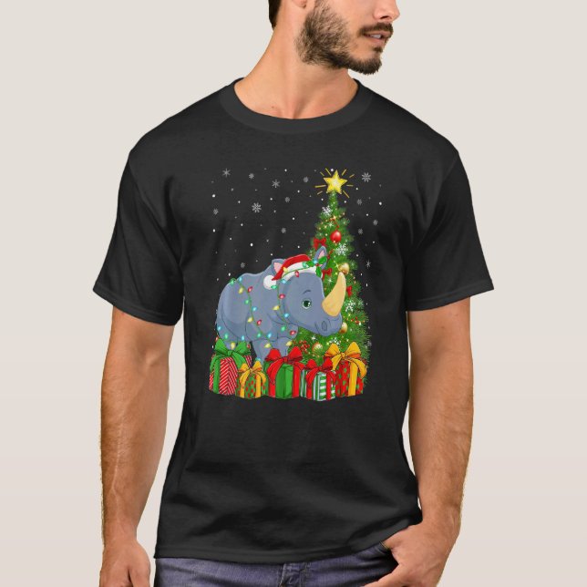 Rhino  Xmas Holiday Santa Rhino Christmas Tree T-Shirt (Front)