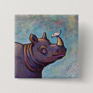 Rhinoceros art little bird gossip fun painting 15 cm square badge