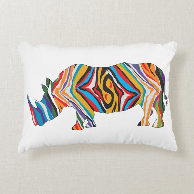 Rhinoceros in a Psychedelic Zebra Pattern Decorative Cushion (Front)