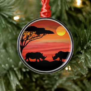 Rhinoceros in the African Serengeti Metal Tree Decoration