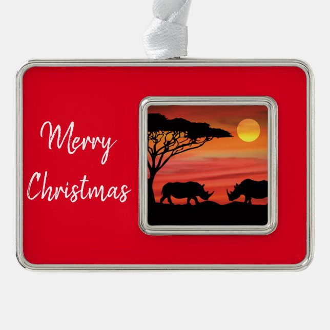 Rhinoceros in the African Serengeti Silver Plated Framed Ornament (Front)