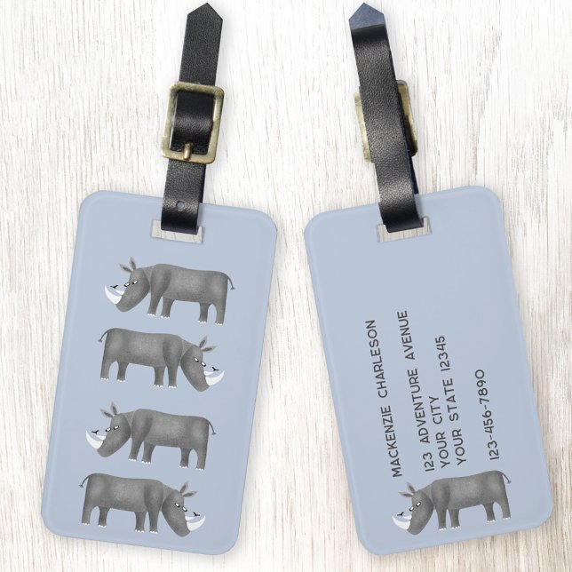 Rhinoceros Personalised Luggage Tag (Rhino personalized luggage tag for wildlife, animal and rhinoceros lovers)