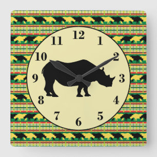 Rhinoceros Safari Weave Pattern and Silhouette Square Wall Clock