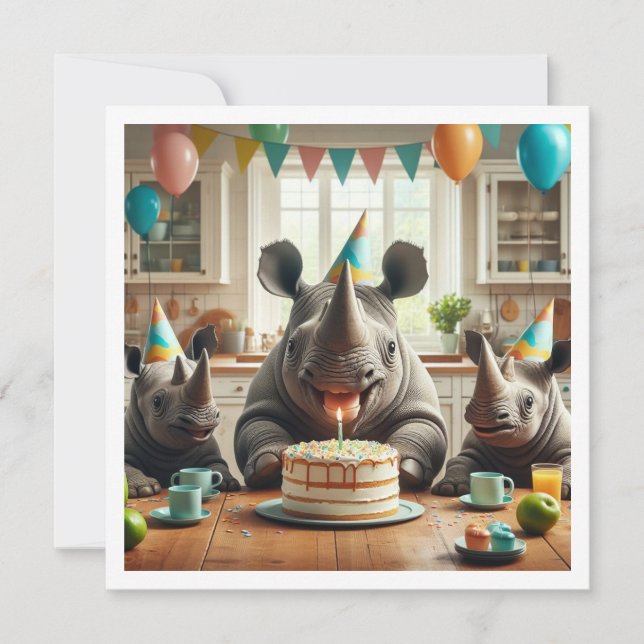 Rhinos celebrating, rhinoceros birthday invite (Front)