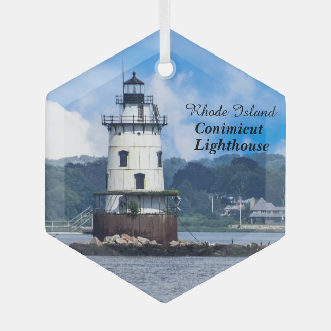 Rhode Island Conimicut Lighthouse Glass Tree Decoration (Front)