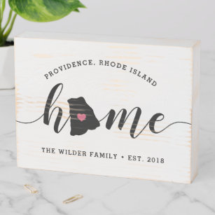 Rhode Island Home State Rustic Family Name Wooden Box Sign