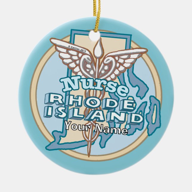 Rhode Island Nurse Caduceus  Ceramic Tree Decoration (Front)