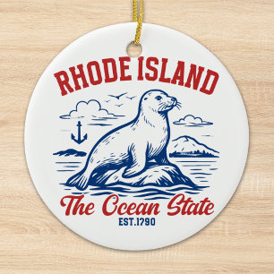 Rhode Island Ocean State Seal Design Ceramic Tree Decoration