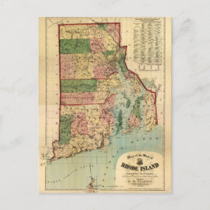 Rhode Island & Providence Plantations Map (1880) Postcard