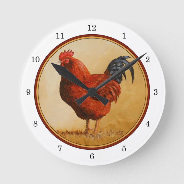 Rhode Island Red Rooster Chicken Round Clock (Front)