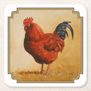 Rhode Island Red Rooster Chicken Square Paper Coaster