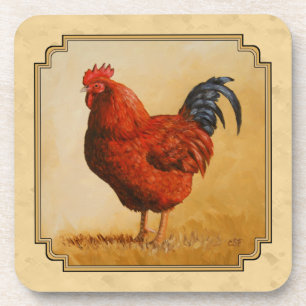 Rhode Island Red Rooster Yellow Background Coaster