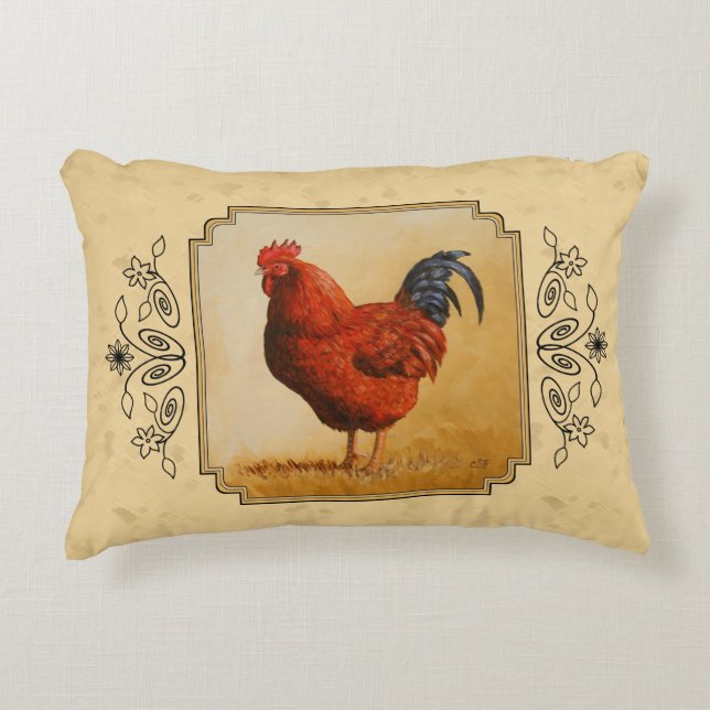 Rhode Island Red Rooster Yellow Background Decorative Cushion (Front)