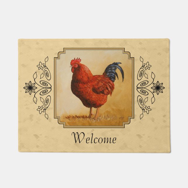 Rhode Island Red Rooster Yellow Background Doormat (Front)