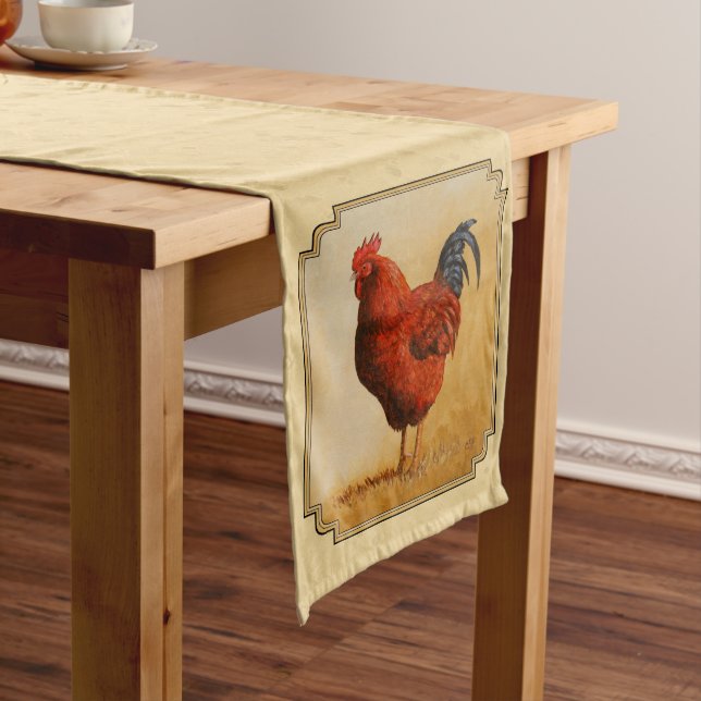 Rhode Island Red Rooster Yellow Background Medium Table Runner (In Situ)