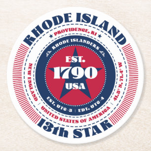 Rhode Island Red White Blue Typography Round Paper Coaster