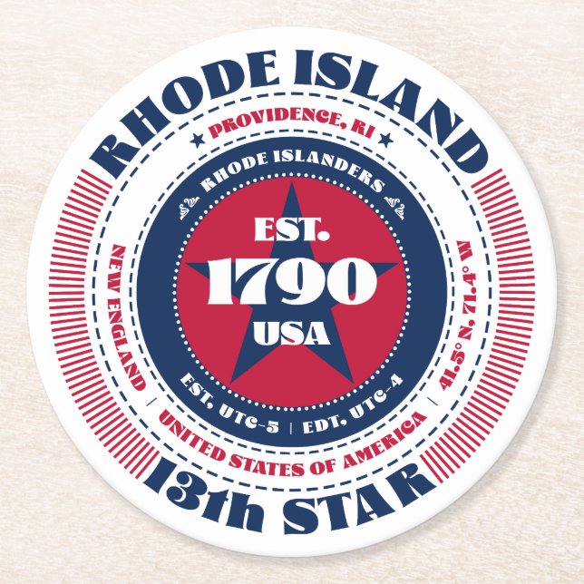 Rhode Island Red White Blue Typography Round Paper Coaster (Front)