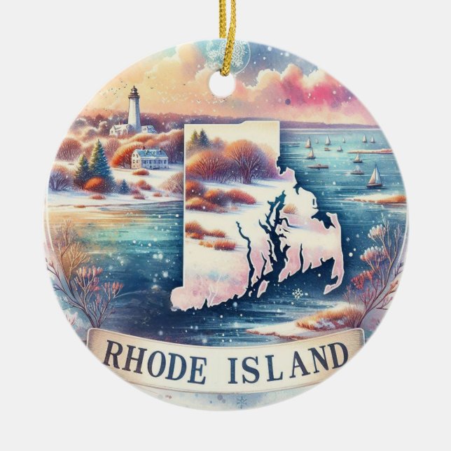 Rhode Island Snowy Winter Christmas Tree Ceramic Tree Decoration (Front)
