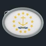 RHODE ISLAND STATE FLAG BELT BUCKLE<br><div class="desc">The Rhode Island state flag is white and consists of a gold anchor in the centre (a symbol for hope) surrounded by thirteen gold stars (for the original 13 colonies and Rhode Island's status as the 13th state to ratify the Constitution). A blue ribbon below the anchor bears the state's...</div>