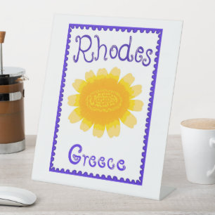 Rhodes Greece Bold Bloom Wood Topped Wall Tapestry Pedestal Sign