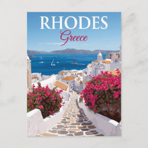 Rhodes Greece Cobblestone Alley Sea View Postcard