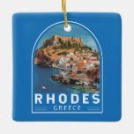 Rhodes Greece Illustration Travel Art Vintage Ceramic Ornament<br><div class="desc">Rhodes retro vector travel design. Rhodes,  the largest of Greece’s Dodecanese islands,  is known for its beach resorts,  and ancient ruins.</div>